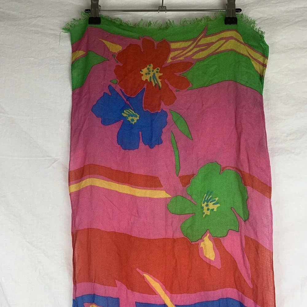 Vtg Floral Scarf Liz Claiborne Hawaiian Hibiscus Red Pink Blue Green Tropical